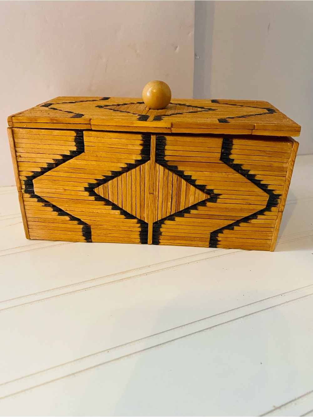 Vintage Handmade  Matchstick Trinket Box with Geometric Inlay